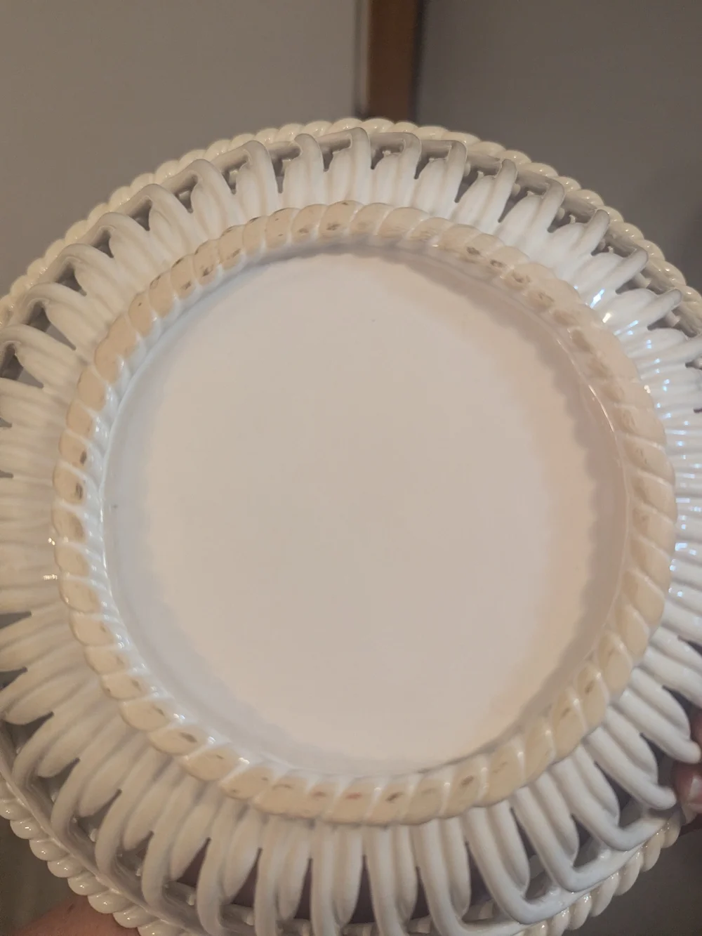 Hand Painted White Ceramic/Porcelain Rope Basket Floral Pattern Glossy 9 in